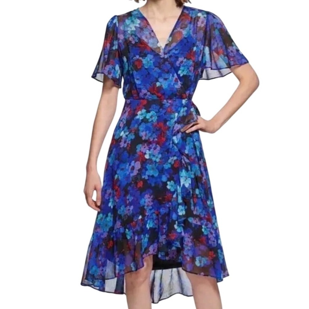 Calvin Klein Women's Floral Chiffon Faux Wrap Flutter Sleeve Dress Blue Size 18W